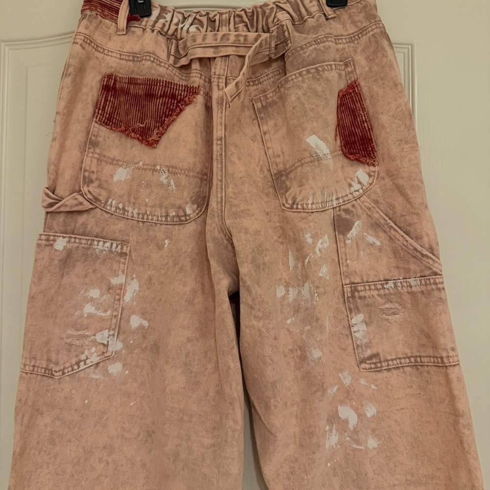 186. POL Oversize Size 10-12 Pink Acid Wash Jeans Distressed Paint Wide Leg M - Picture 6 of 11